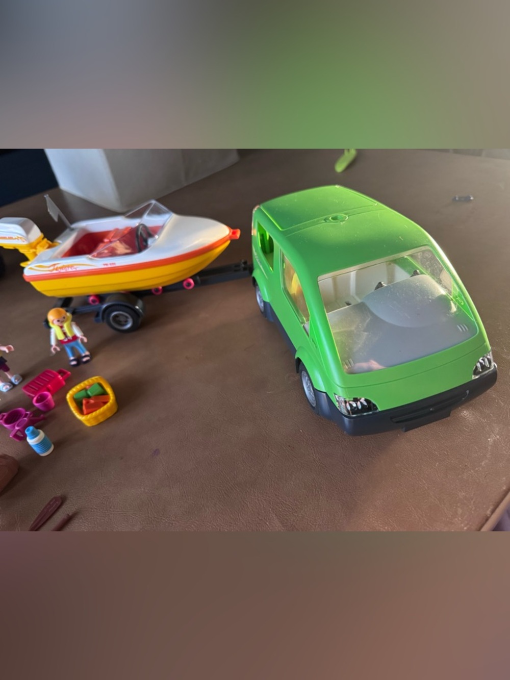 Playmobil set Green Toy Van with Yellow & Orange Boat Trailer - Play Vehicle Set